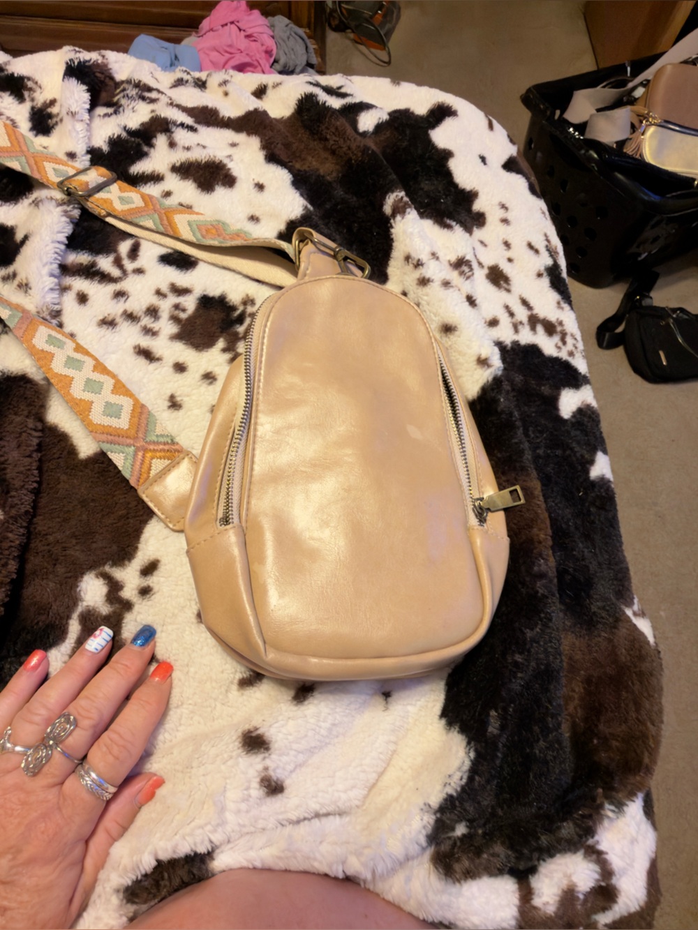 Beige Leather Crossbody Sling Bag with Patterned Strap